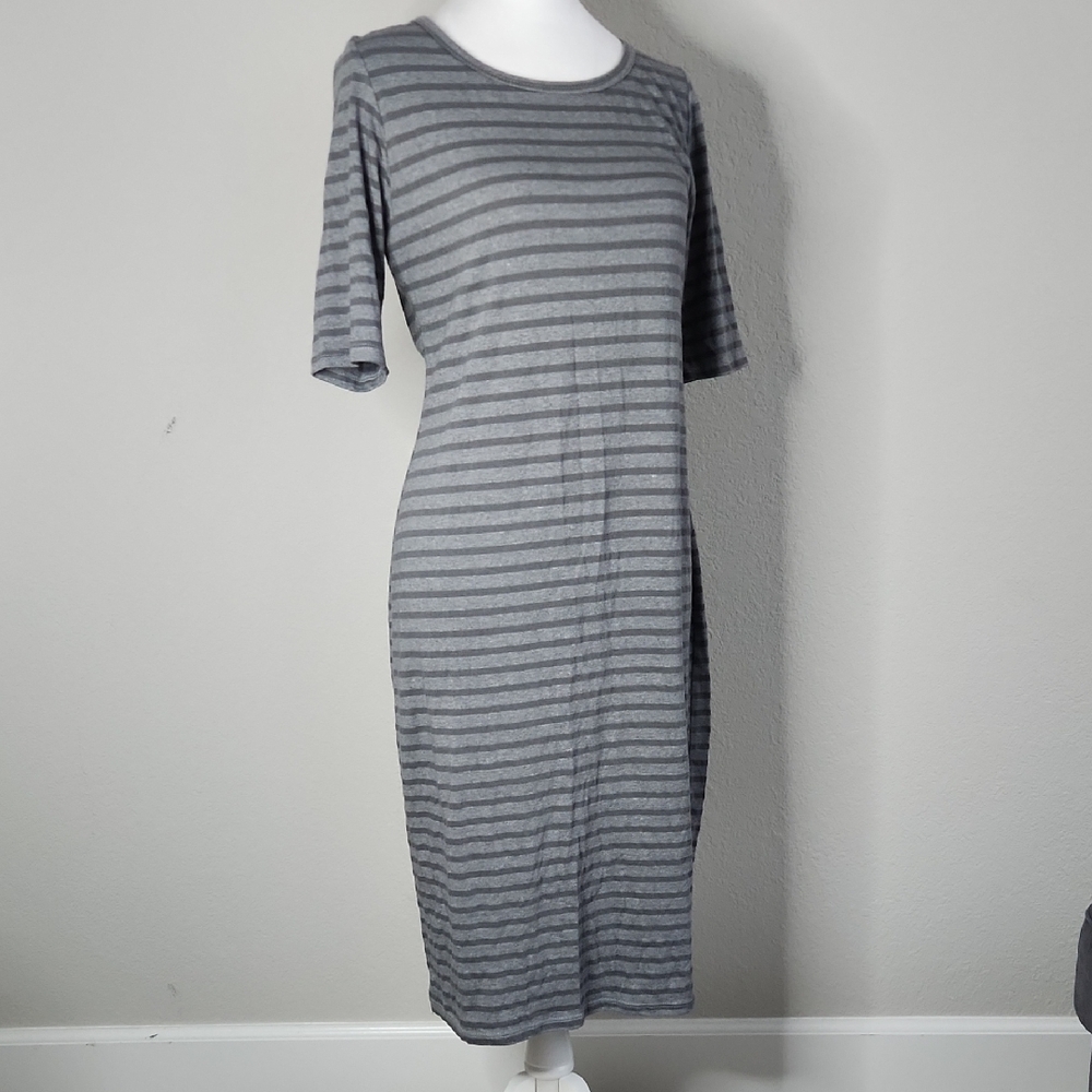 LuLaRoe Julia Charcoal Gray Striped Midi Dress